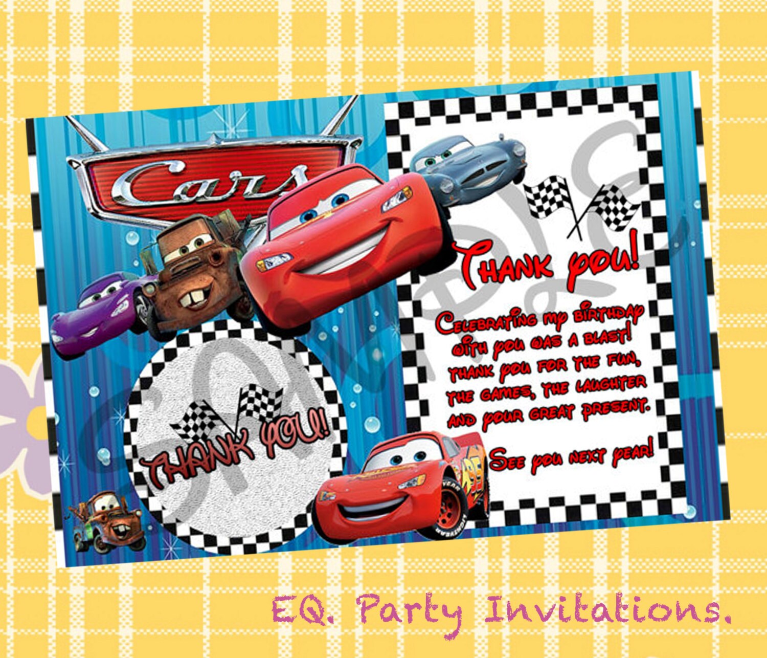 Cars Birthday Thank You Card By Eqpartyinvitations On Etsy