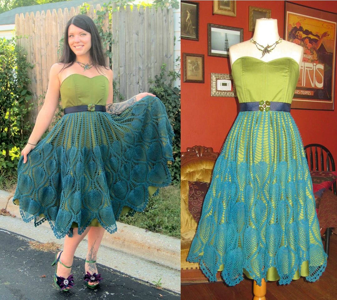 Upcycled Crochet Tablecloth peacock Dress gown cocktail One of