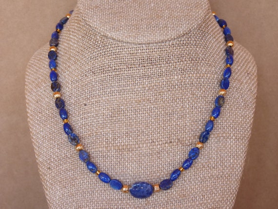 Lapis Lazuli and Sodalite Natural Gemstone/Stone and Vintage Czech Glass Beaded Necklace - 'Blue and Gold'