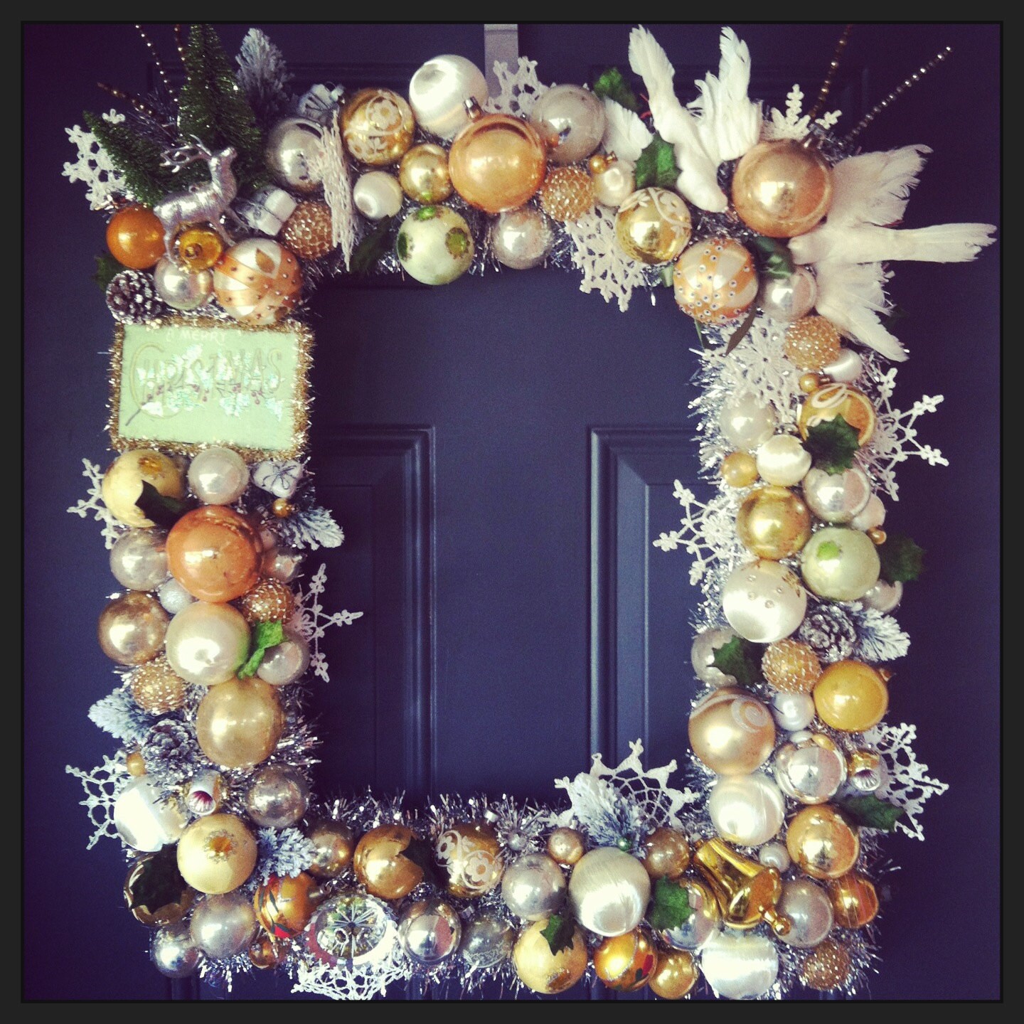 Vintage Christmas ornament wreath shiny brite cotton spun bird mercury gold silver postcard 23 inches wideb 26 tall perfect for monogram