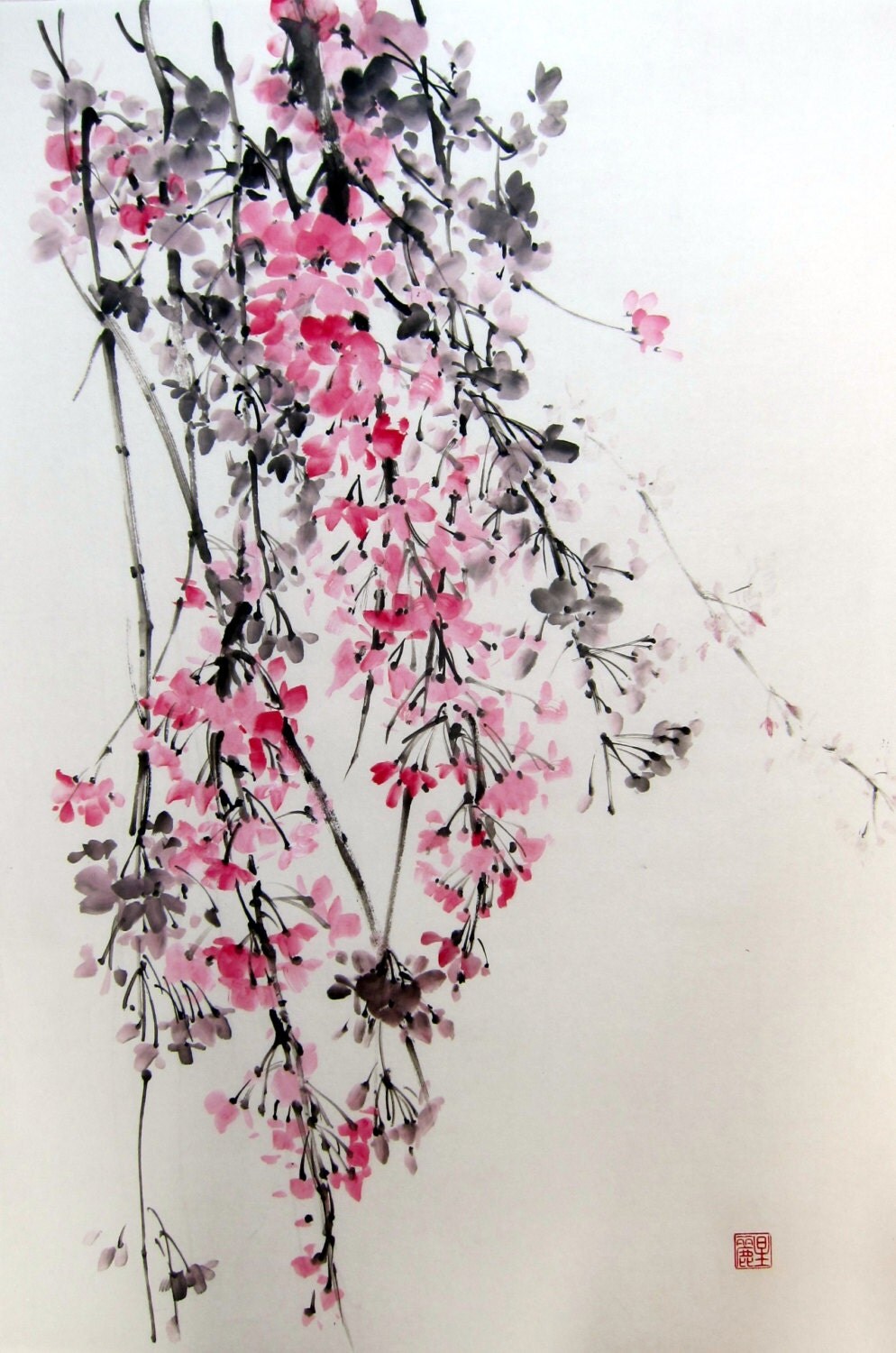 Japanese Ink Painting SuibokugaSumi-e Brush painting Pink