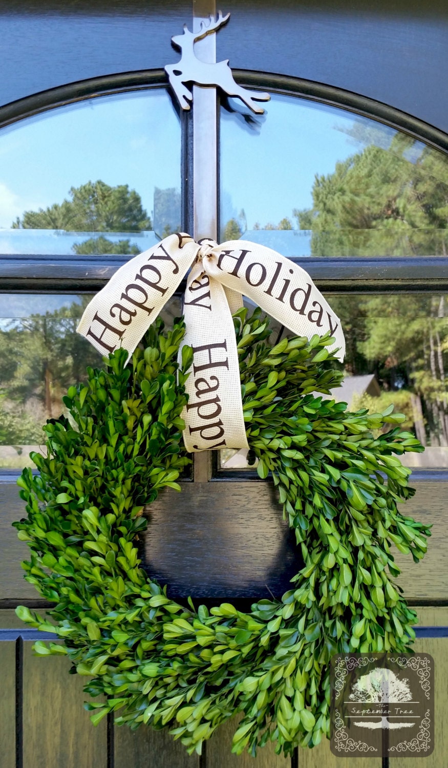 Wreaths - Boxwood Wreath - Natural Wreath - Winter Decor - Burlap Ribbon - Year Round Wreath - Happy Holiday Ribbon - Welcome Wreath