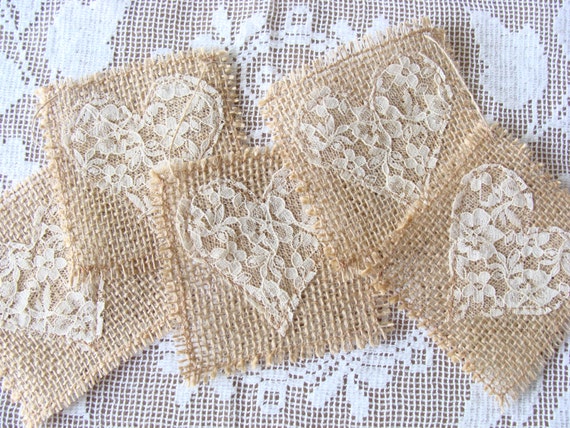 Shabby Burlap Lace Banner Bunting Garland Lace Hearts on Burlap