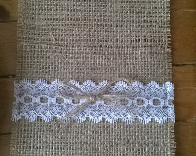70 Burlap Silverware Holders with White Lace and One Bows , Rustic Wedding