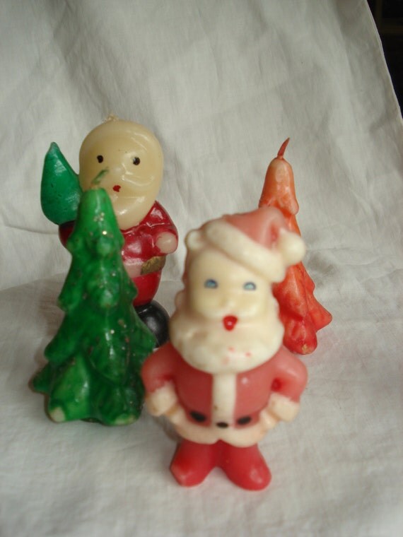 Vintage Wax Christmas Candle Figurines 1950's Two Santas