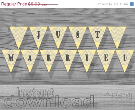 WEEKEND SALE 50% OFF just married printable banner Diy wedding decoration yellow gray chevron circle instant download Pdf files Il_570xn