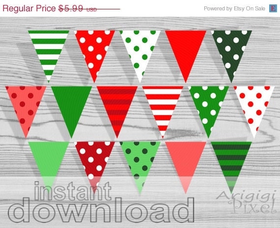 WEEKEND SALE 50 % OFF Christmas Printable Banner, Polka Dot, striped pennant, red, green, party bunting banner, instant digital download, re Il_570xn