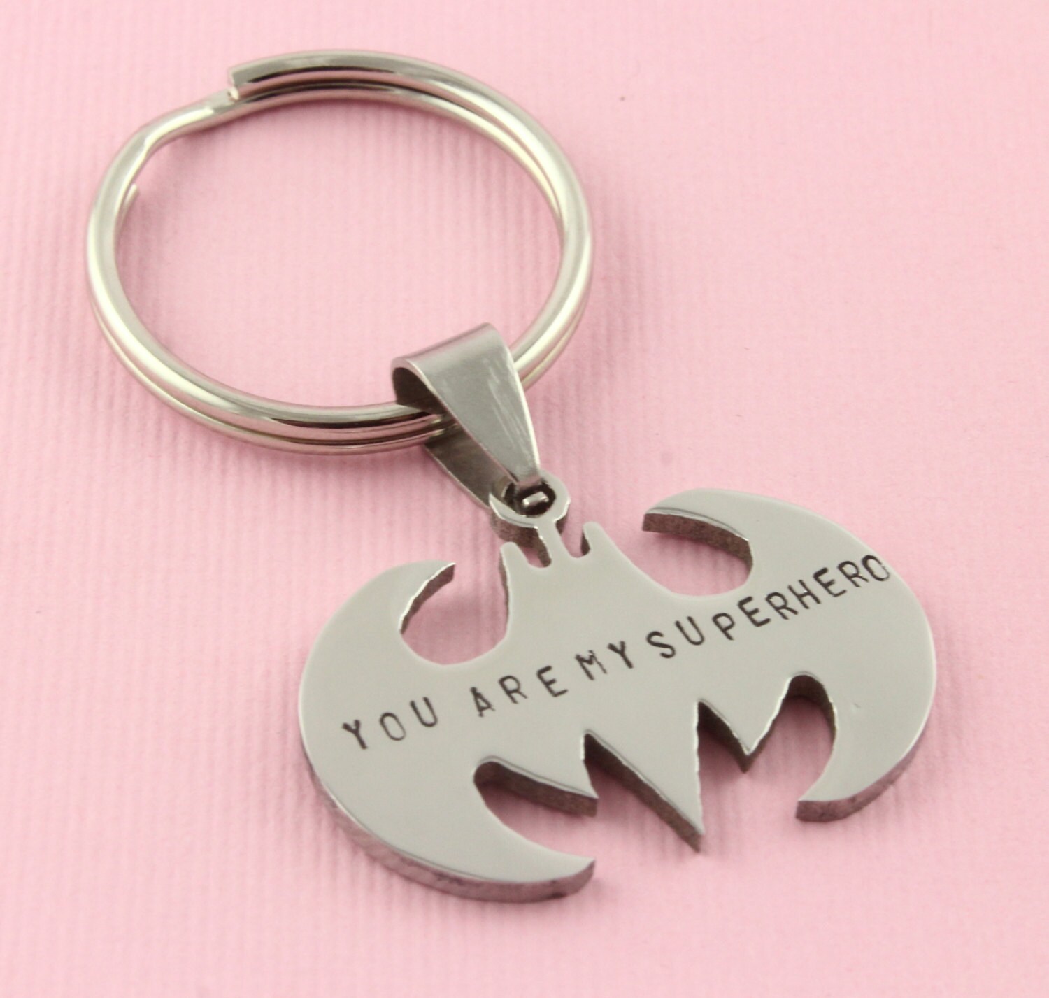 You Are My Superhero Bat Key Chain Hand Stamped Personalized