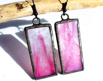 Handcrafted Pink Rectangular Stained Glass Earrings