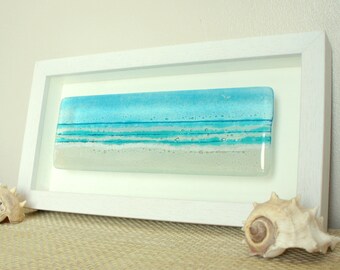 Landscape Beach in a Box-FREE UK DELIVERY-Landscape Panoramic Turquoise Seaside Glass Framed Picture-Fused Glass Wall Art 34x18cm / 13x7"
