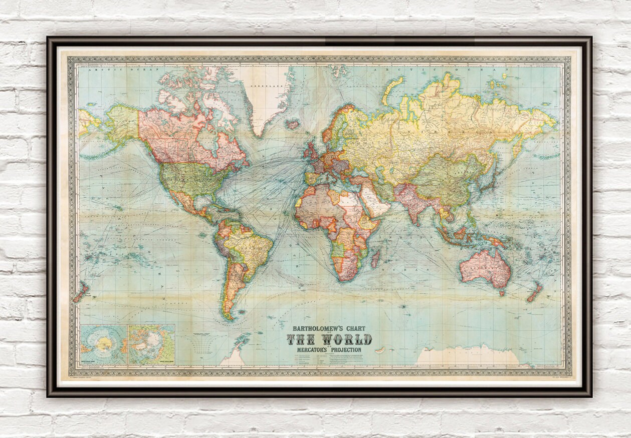 Beautiful World Map Vintage Atlas 1914 Mercator By