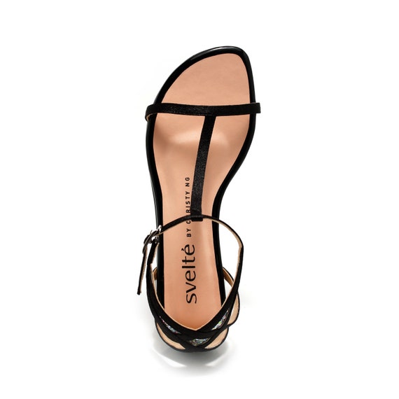 Items similar to Paradise Island, Black T Bar Sandals with Glitter, Summer Sandals, Beach 