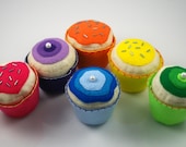 Children's set of six plush felt toy cupcakes for pretend play