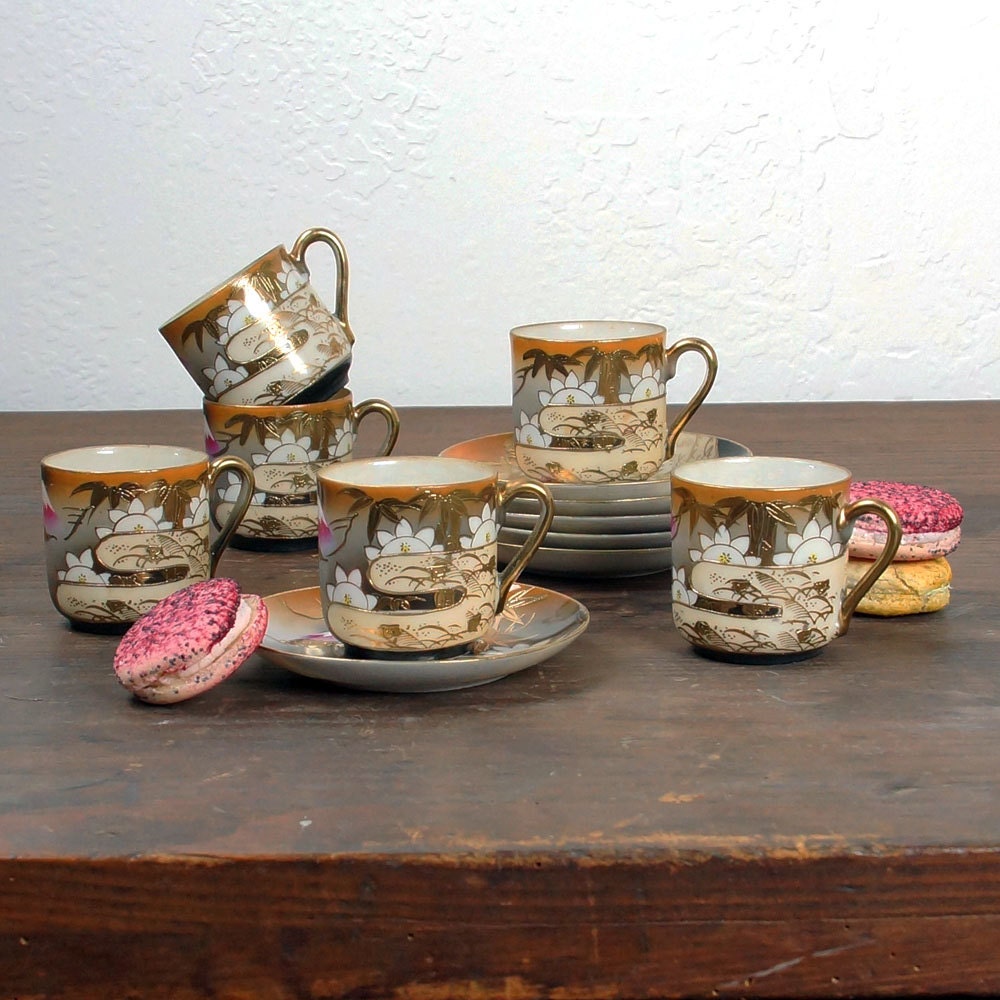 40s Japanese Demitasse Cup & Saucer Set of 6 / Collection of 6 Metallic