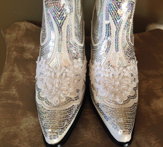 cowboy white heel high boots sequins Cowboy made Country Boots. Bling Hand Bridal with Bride.