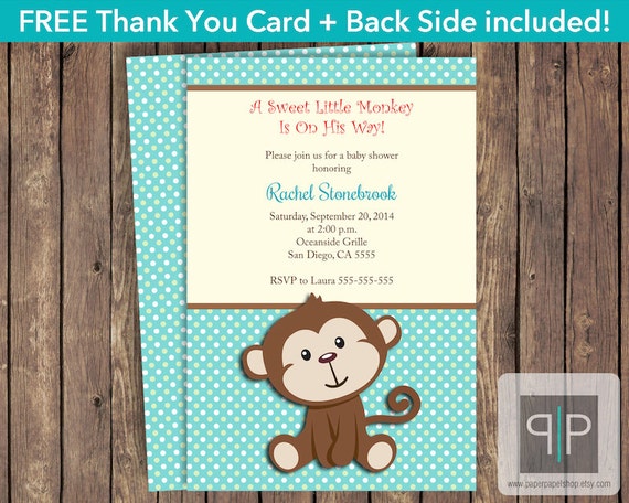 Monkey Baby Shower Invitation, Monkey Invitation, Boy Baby Shower Invitation, Free Thank You Card, Front and Back, Printable Invitation Il_570xn