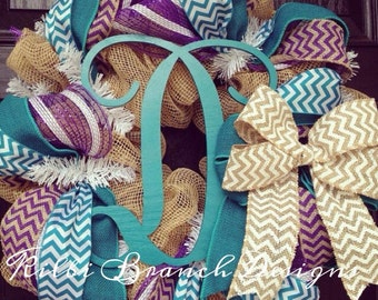 Burlap wreath with purple and white stripe deco mesh // turquoise burlap // purple chevron // turquoise chevron // turquoise monogram letter