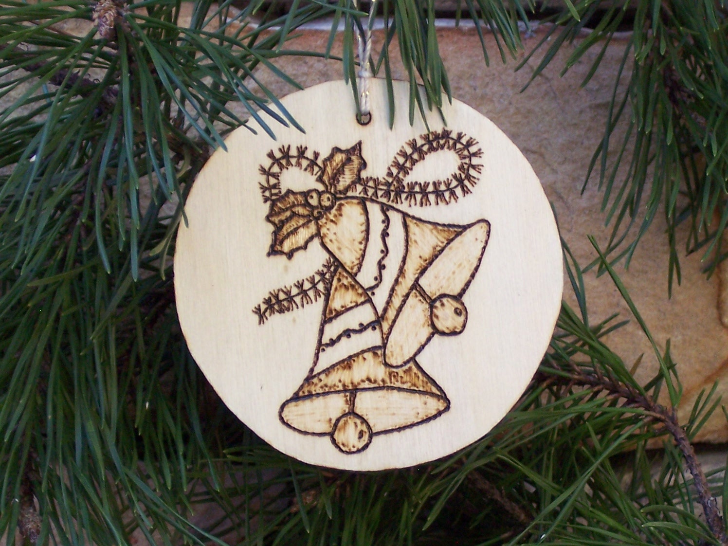 Bells Christmas Woodburned Wood Ornament