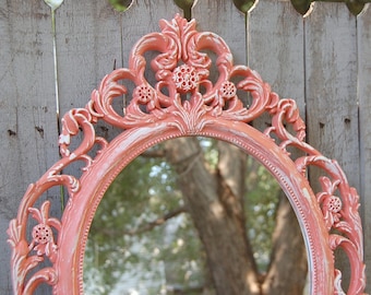 Shabby Chic Mirror, Coral, White, Oval, Upcycled, Ornate, Wedding Decor, Wall Mirror, Hand Painted, Hollywood Regency, Nursery Decor