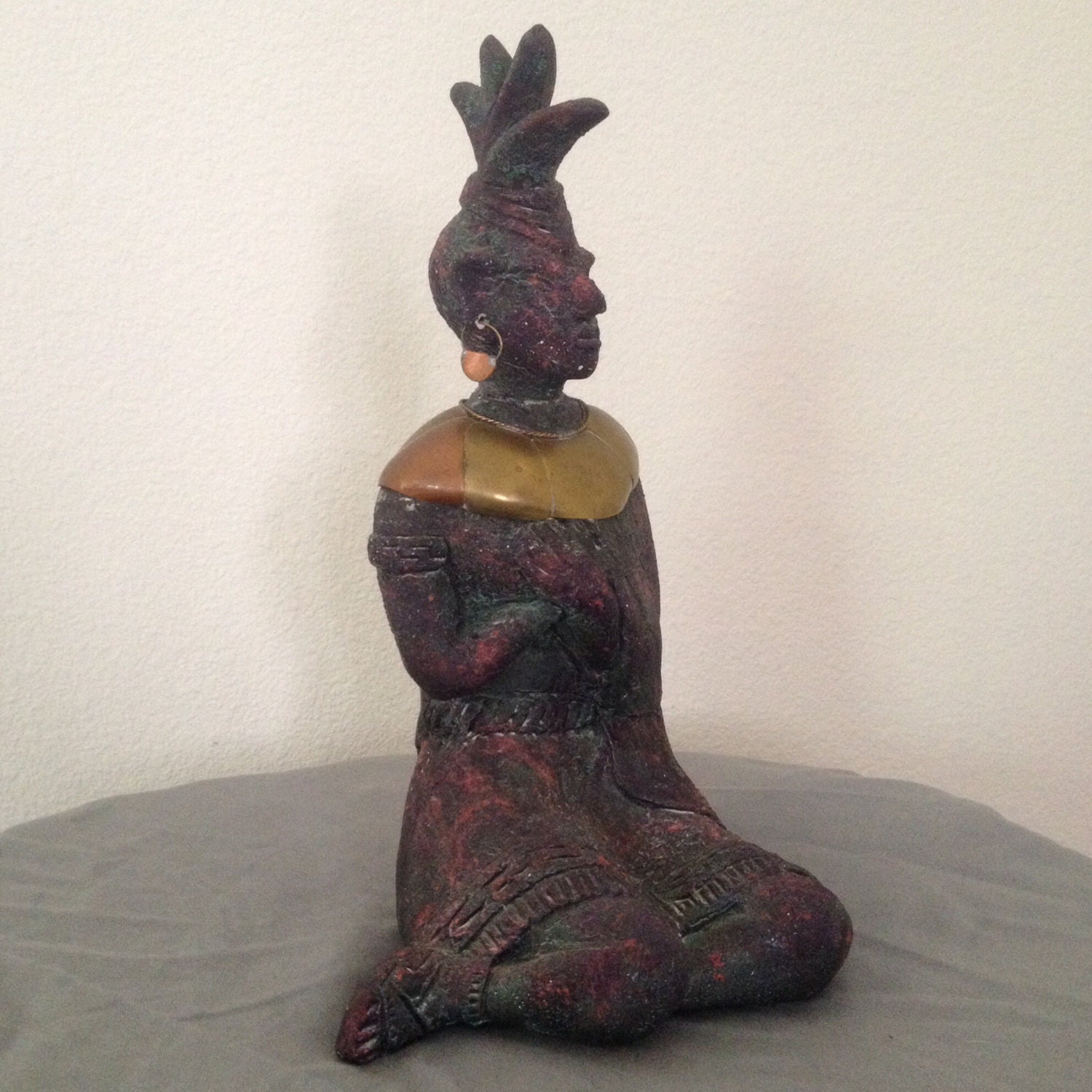 Vintage Mayan King Figurine Statue Mexican Art Pottery Bronze