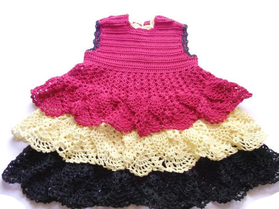 Red with Yellow and Black ruffles Baby girl Crochet Lace Dress Newborn Preemie Reborn doll Handmade dress