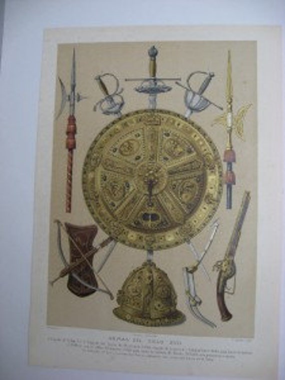 Arte Espanol 17TH Century Weapons Color  Lithograph 1880 Armas Del SIGLO XVII