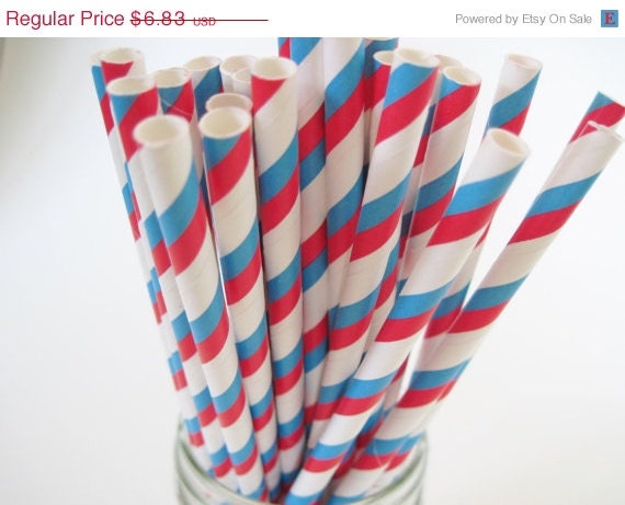 15% off - 50 Bright Blue and Red Stripe Straws - Dr Seuss - ships less than 24 hours Il_570xn