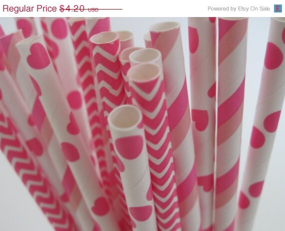10% off - 25 Hot Pink Straw Mix -Dot, Stripe, Hearts, Chevron - ships less than 24 hours Il_570xn