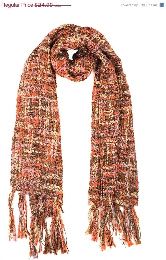 20 Off Brown Pink and Orange Scarf, Fall Scarf, Handwoven Brown Scarf