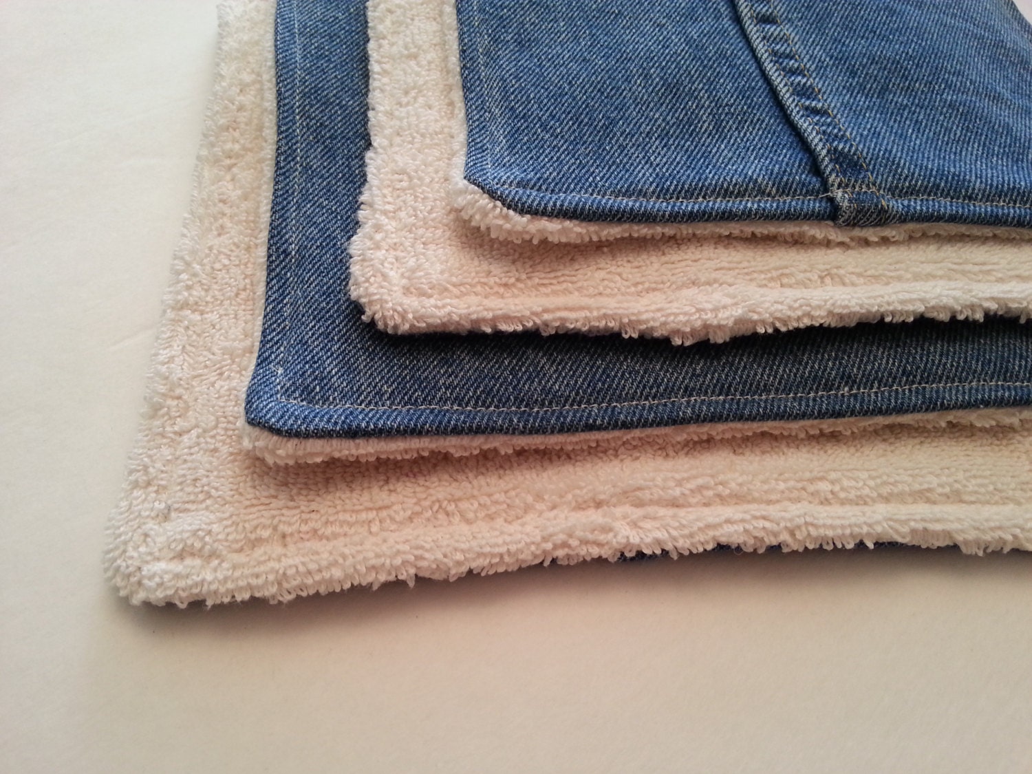 Terry Cloth Pot Holders / Hot Pads / Upcycled Denim / Rustic