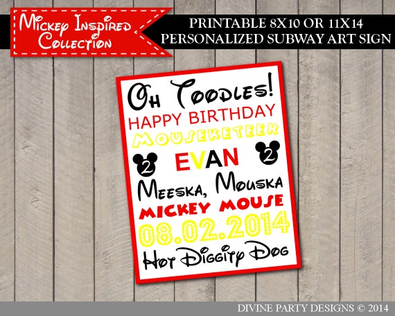 Personalized Mickey Mouse Inspired Clubhouse Birthday Sign/ Subway Art Style/ 8x10 or 11x14 Printable / Mickey Collection Il_570xn