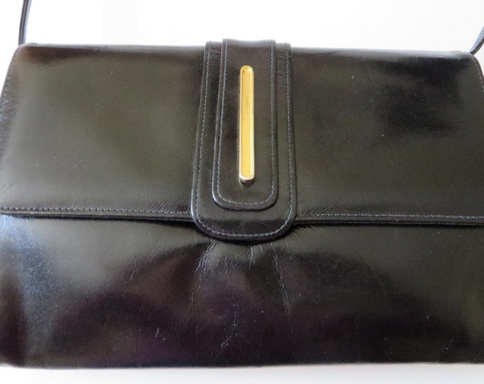 Black Leather Bag, Vintage Shoulder Bag, 1960s Black Purse, Mod Style Long Handled Bag