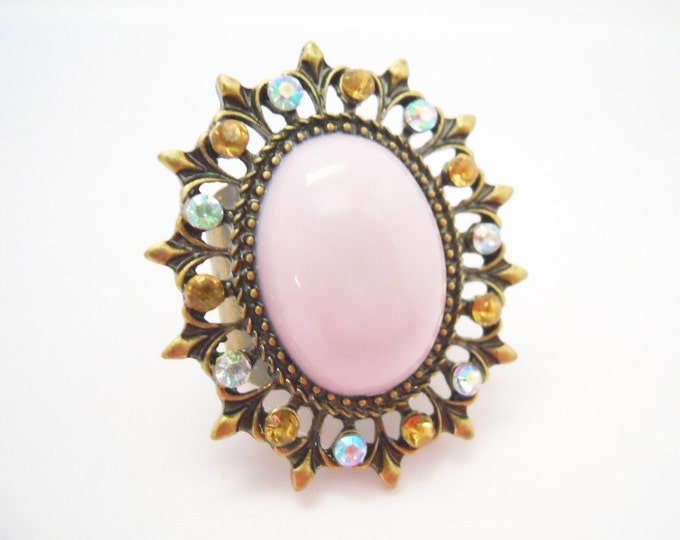 Vintage Pink Cabochon Ring, Stretch Rhinestone Cocktail Ring, Size 6