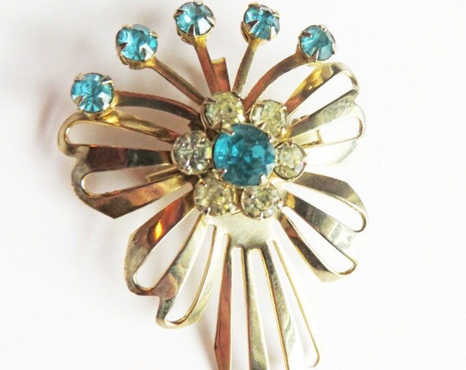 Vintage Rhinestone Pendant Brooch, Gold Tone Blue and White Rhinestone Flower Pin, Pendant