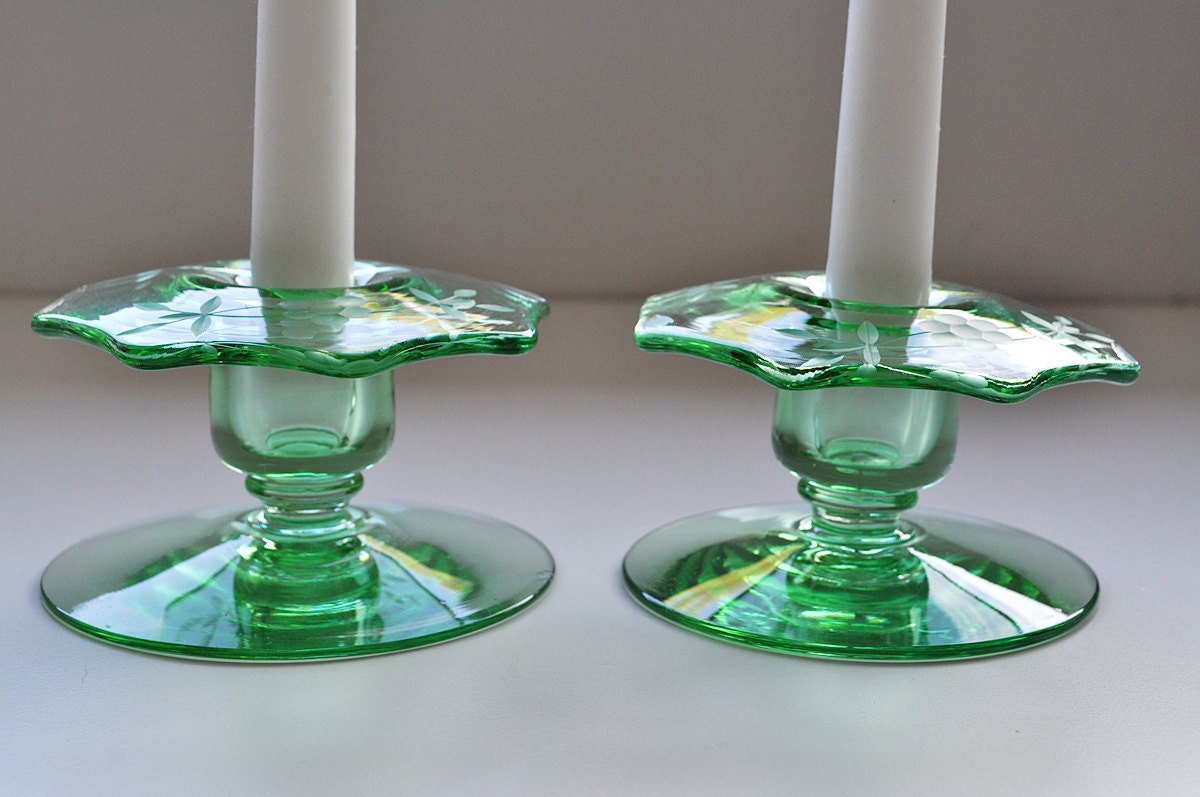 Green Depression Glass Candlesticks