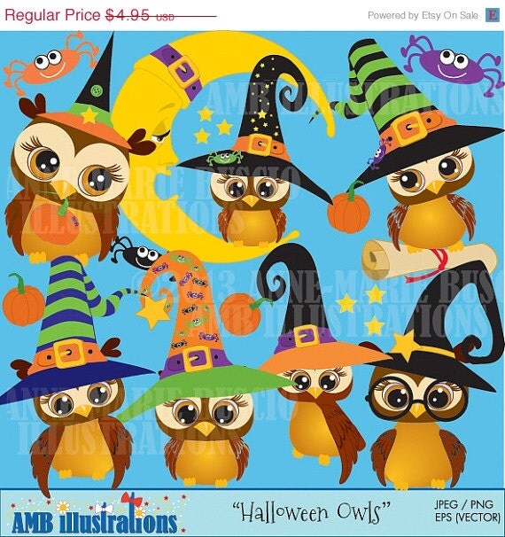80% OFF Halloween Witch Owls, package of 14 cliparts , vector graphics, digital clipart AMB-300 Il_570xn