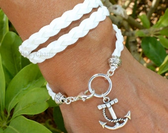 Boho Triple Wrap Bracelet - Silver Anchor Charm - Braided Faux Suede Bohemian Wrap - Pick COLOR / SIZE - Gift For Her - Under 20, 05