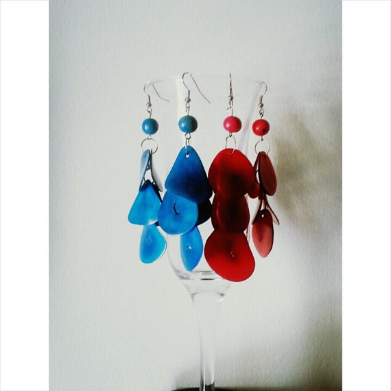 Thin Sliced Tagua Earrings/Red and Blue/Eco Friendly Earrings
