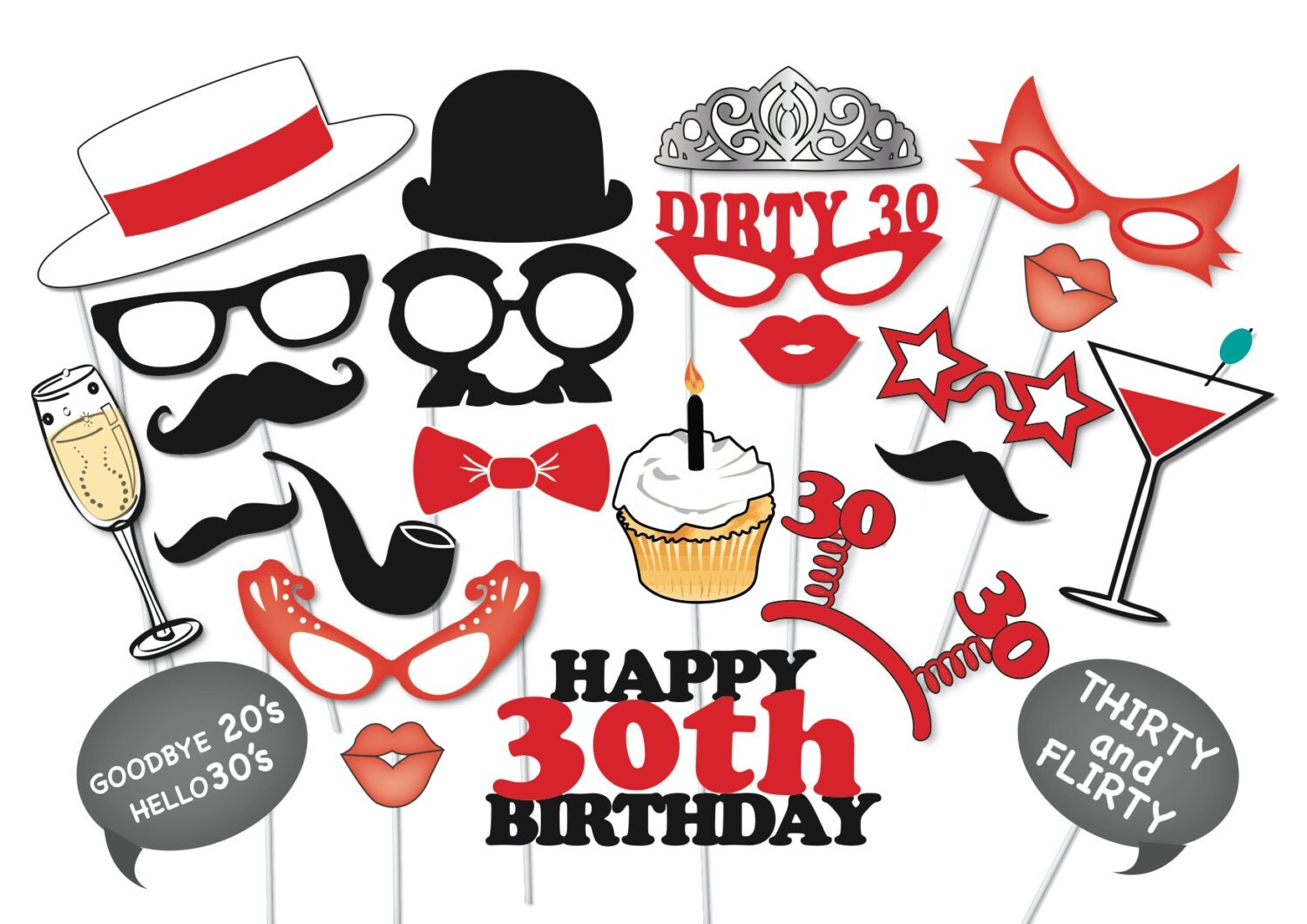 30th Birthday Photobooth Party Props Set 26 Piece PRINTABLE