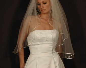 wedding veil 34" long - past elbow length with satin ribbon corded 1/8" - rattial ribbon wedding veil