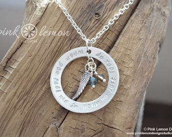 Hand Stamped Remembrance Necklace w/ angle wing & birthstone or crystals of choice - Stamped Jewelry - Personalized Jewlery