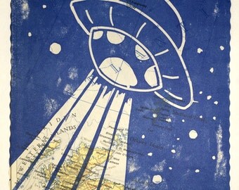 Linocut Flying Saucer nursery decor - UFO Space on world map