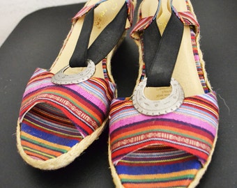Espadrille Wedge Sandals ,shoes,rainbow stripe,boho,Size 9W