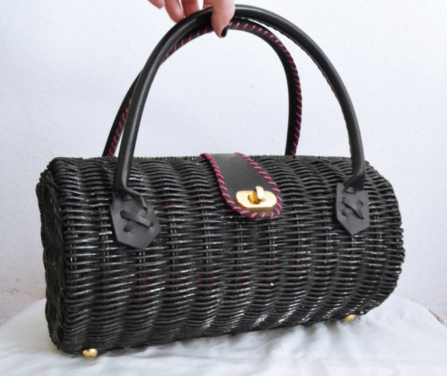 Free Ship Black Wicker Barrel Purse Handbag