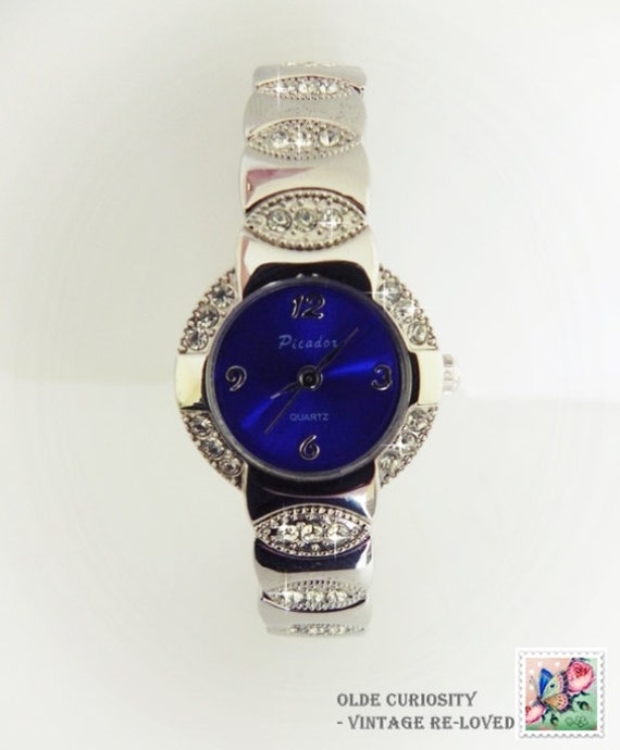 Vintage Watch Ladies Silver Watch Blue watch face Picador