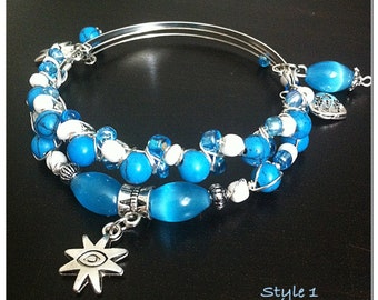 Blue Turquoise Expandable Stacking Bangle Bracelets, Silver Charms ...