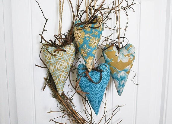 Rustic Hearts Ornaments, French Country Home Decor, Blue Wedding Gifts, Cottage Chic, Fabric Hearts, Valentine's Day, Mother's Day, Spring