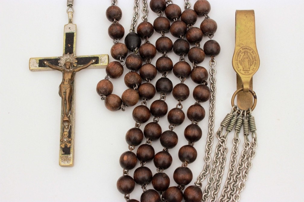 Old Nun's Habit Chatelaine Belt Rosary Brass Ebony