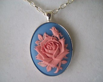 Pink and Blue Rose with Rosebud Cameo Pendant