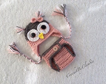Crochet Pink and Grey Baby Girl Owl Beanie and Diaper Cover Photo Prop Set
